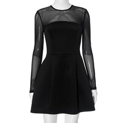 Women Mesh Stitching Black Short Day Dress