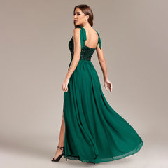 Elegant Backless Sequined Chiffon High Slit Party Evening Dress
