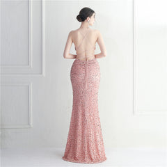 Elegant Velvet Bottom Sequin Halter Evening Dress