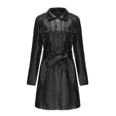 Long Sleeve Mid Length Leather British Coat with Belt