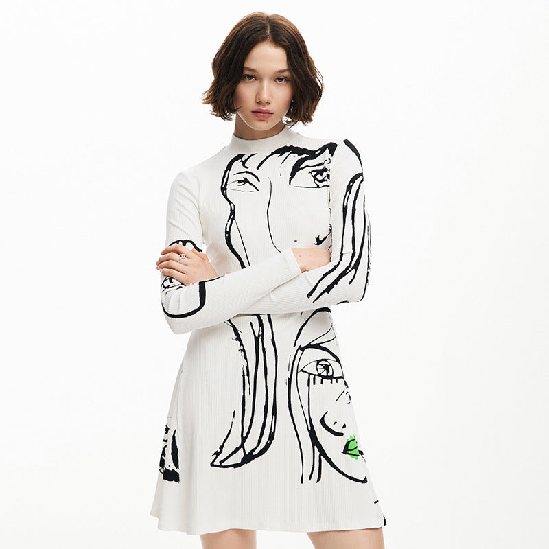 Women Portrait Line Printing Casual Long Sleeve Dress