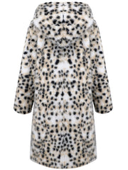 Leopard Print Hooded Fur Long Sleeve Mid Length Warm Coat