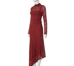 Women Lace Stitching Pleated Long Sleeve Dress