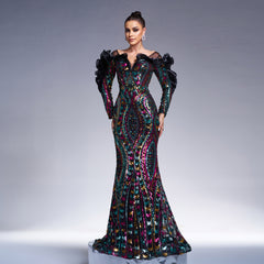 Long Sleeve V Neck Cutout Long Sequined Fishtail Evening Dress