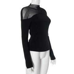 Women Mesh Mock Neck Slim Long Sleeve Top