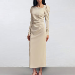 Elegant Asymmetric Collar Puff Sleeve Dress