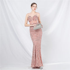 Elegant Boning Corset Mesh Sequin Evening Dress