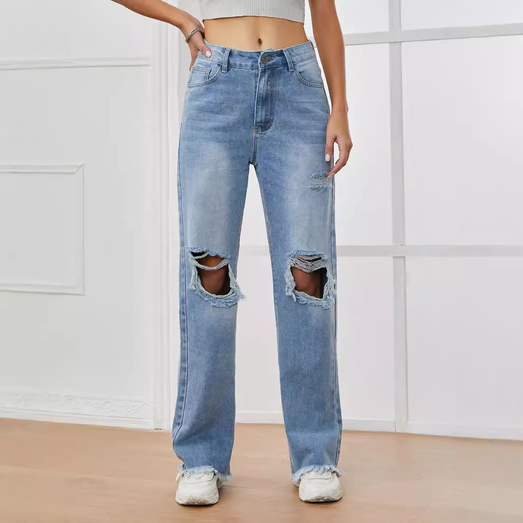 Women Ripped Wide Legs Denim Jeans