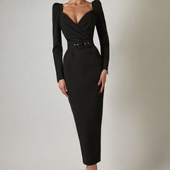 Elegant Low Cut Long Sleeve Cross Design Dress with Belt