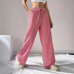 Women Loose Fitting Pink Plaid Drawstring Casual Wide Leg Pants