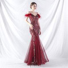 Craft Order Ostrich Hair Sequin Stitching Mesh High End Evening Dress