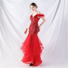 Elegant Ostrich Feather Mesh Floral Sequin Formal Dress