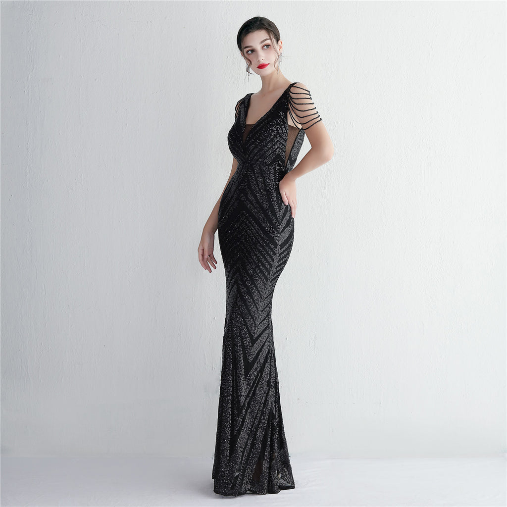 REVCHIC LUXE Elegant V-Neck Sequin Fringe Maxi Gown