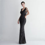 REVCHIC LUXE Elegant V-Neck Sequin Fringe Maxi Gown