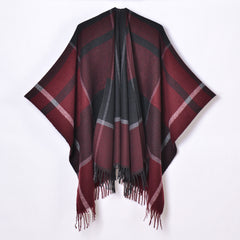 Classic Lines Plaid Shawl Thick Knit Cardigan Cloak