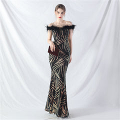 Elegant Boning Corset Ostrich Feather Sequined Evening Dress