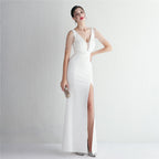 REVCHIC LUXE Elegant V-Neck Beaded Satin Maxi Gown