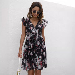 V neck Waist Lace up Printing Vacation Dress