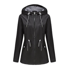 Women Hooded Striped Raincoat Mid Length Trench Coat