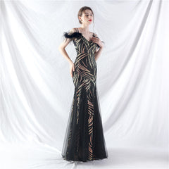 Craft Order Ostrich Hair Sequin Stitching Mesh High End Evening Dress