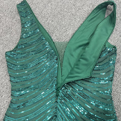 Double V Neck Sleeveless Green Gradient Sequin Evening Dress