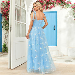 Elegant Lace up Mesh Embroidery Butterfly Pattern Evening Dress