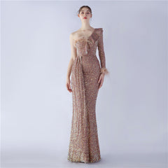 Elegant Feather Ruffled Side Slit Sequined Evening Dress