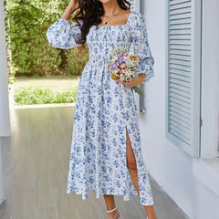 Summer Romantic Square Collar Long Sleeve Slit Floral Dress