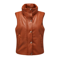 Women Leather Sleeveless Quilted Cotton Padded Jacket