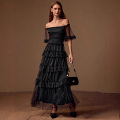 Women Off Shoulder Ruffle Slim Fit Formal Dress