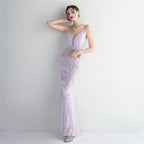 REVCHIC LUXE Elegant V-Neck Feather Sequin Maxi Gown