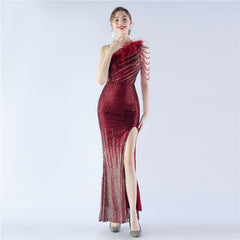 Elegant Gradient Sequin Beaded Feather Evening Dress