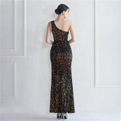 Elegant Velvet Bottom Sequin One Shoulder Evening Dress