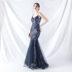 Elegant Sequin V-Neck Mesh Camisole Evening Dress