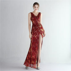 Elegant V-Neck Split Long Sequined Evening Dress