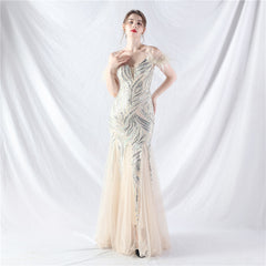 Craft Order Ostrich Hair Sequin Stitching Mesh High End Evening Dress