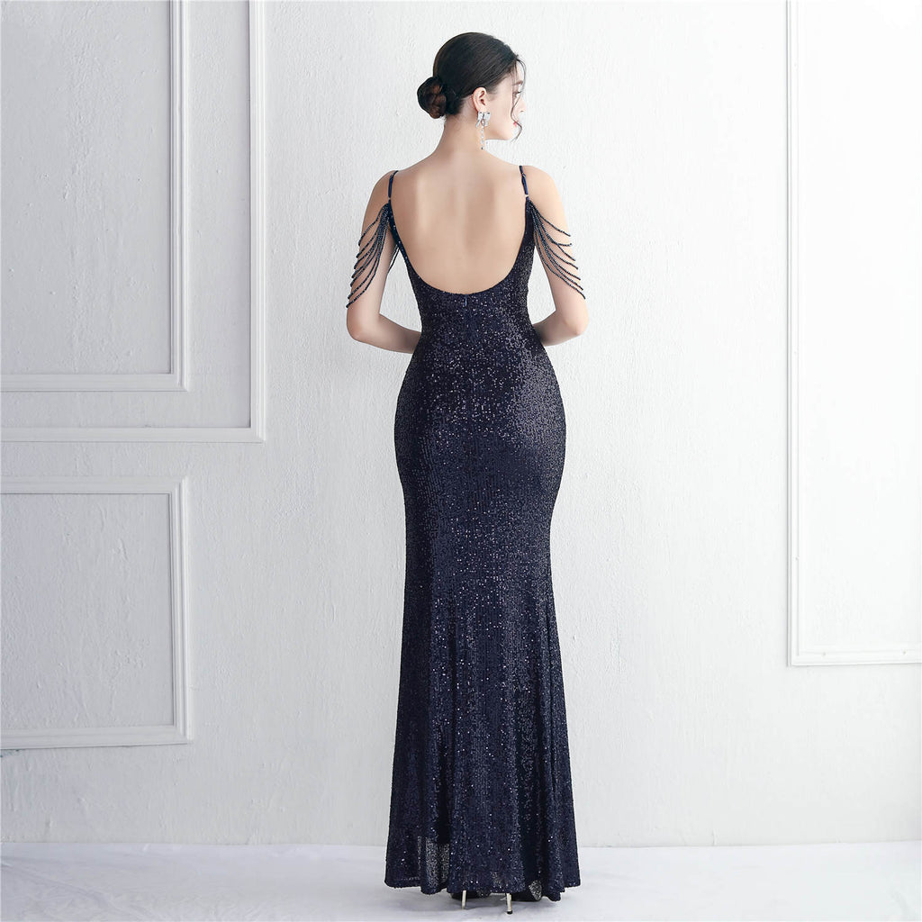 REVCHIC LUXE Elegant V-Neck Sequin Split Maxi Gown
