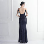 REVCHIC LUXE Elegant V-Neck Sequin Split Maxi Gown