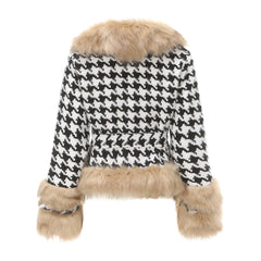 Women Plaid Detachable Short Fur Collar Houndstooth Coat