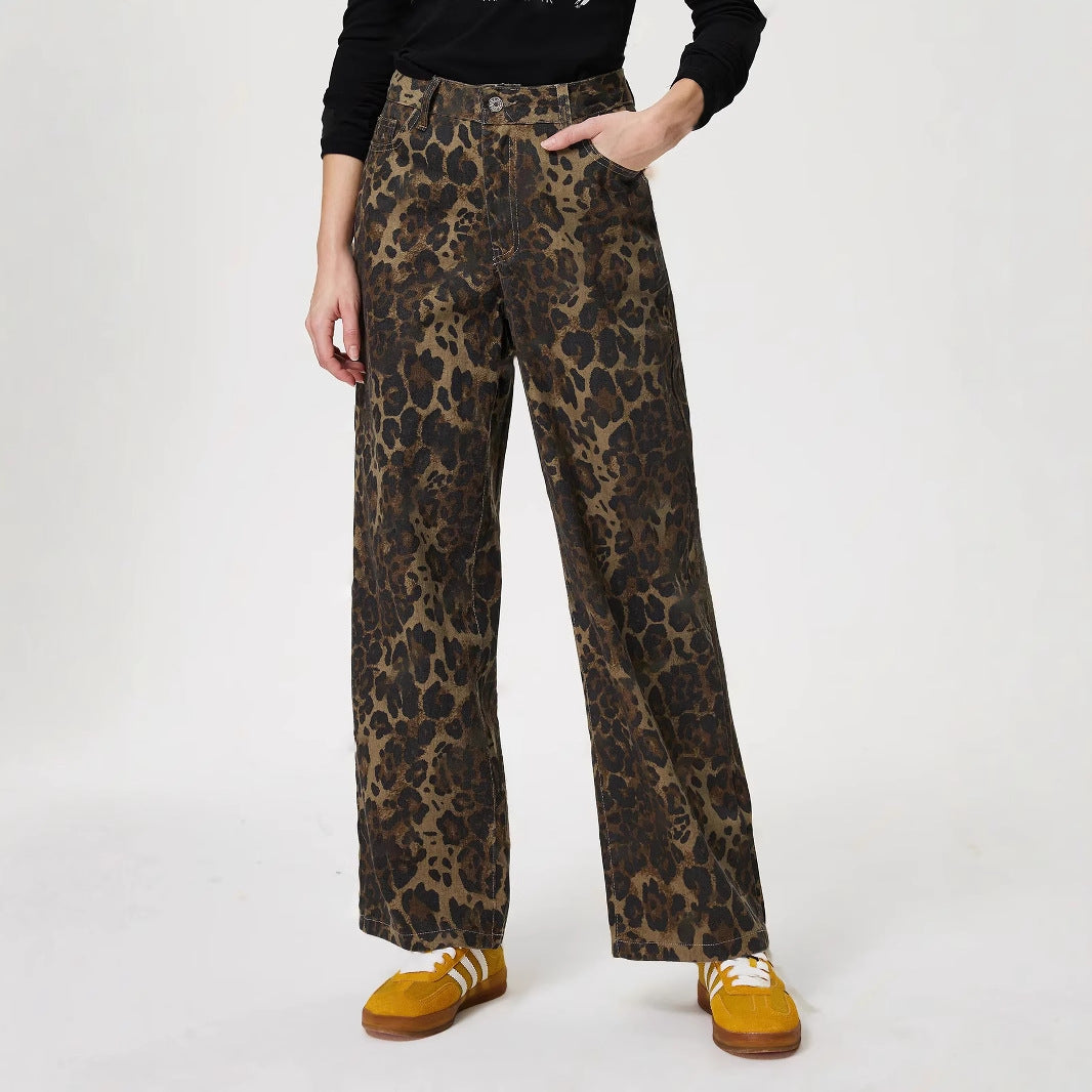 Women Vintage Leopard Print Straight Leg Denim Jeans