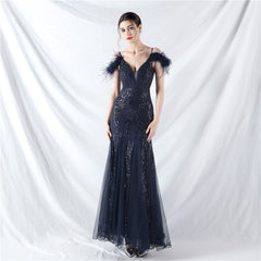 Elegant Ostrich Feather Mesh Sequin Evening Dress