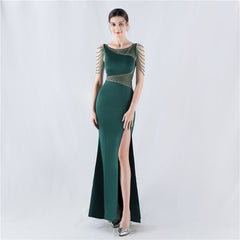 Elegant Embroidery Drilling Sheer Mesh Satin Evening Dress