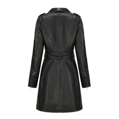 Long Sleeve Mid Length Leather British Coat with Belt