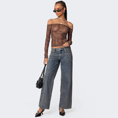 Leopard Pattern Pocket Low Waist Wide Leg Casual Jeans