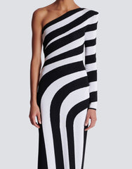 Black White Striped High Slit One Shoulder Day Dress