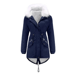 Women Mid-Length Fleece Lined Fur Collar Loose Winter Coat