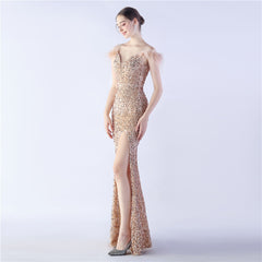 Elegant  Ostrich Feather Sequined Long Evening Dress