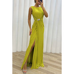 Women Pleated Split Sleeveless Evening Dress