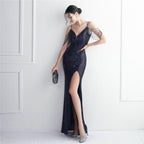 REVCHIC LUXE Elegant V-Neck Sequin Split Maxi Gown