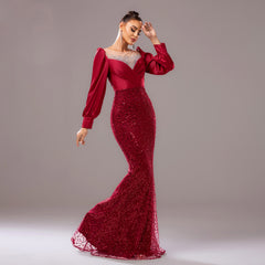 Long Sleeve Round Neck Rhinestone Sequined Evening Dress